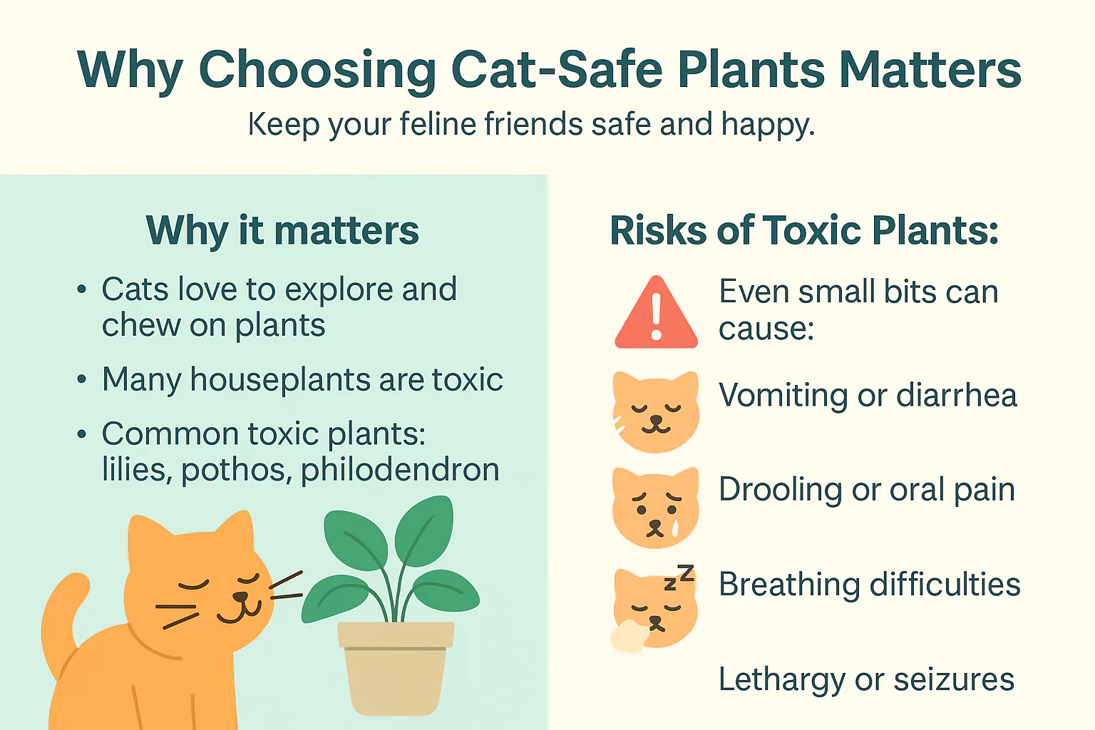 Cat-safe plants infographic showing toxic plant risks and safety tips.