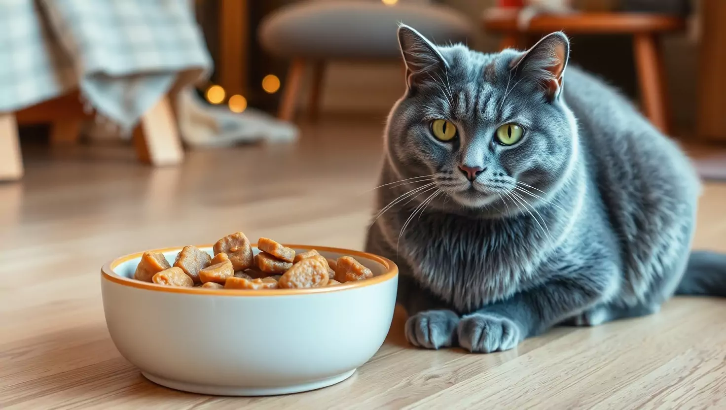 Grey British Shorthair cat next to a bowl of wet food, focusing on a senior cat feeding schedule.