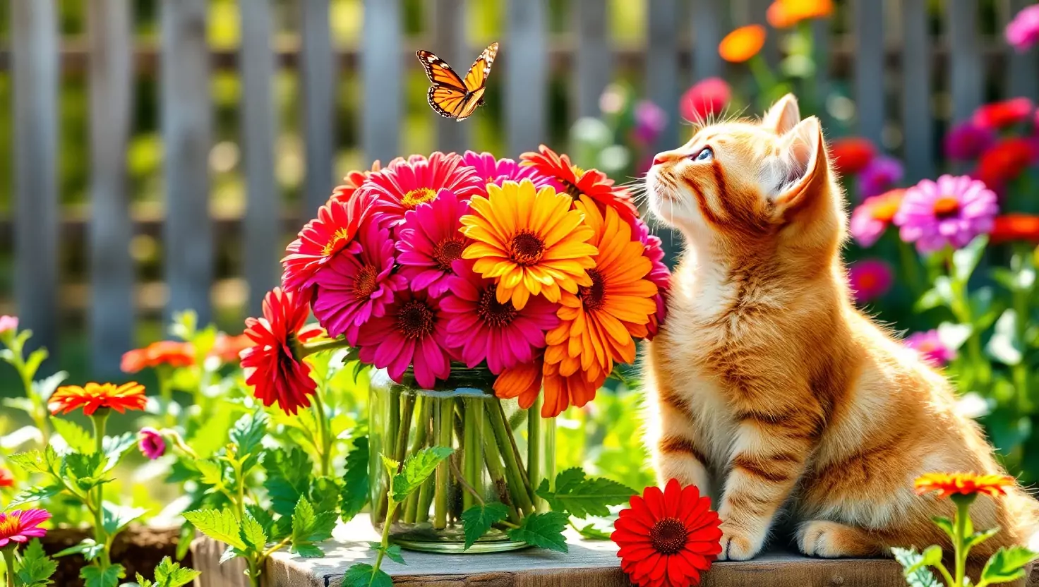 Ginger kitten looking at a butterfly above a vibrant bouquet of zinnias outdoors.