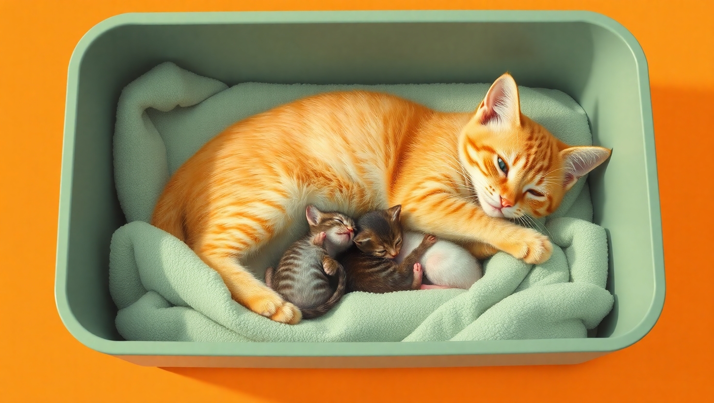 Orange tabby mother cat nursing newborn kittens in mint green pet bed with soft blankets.