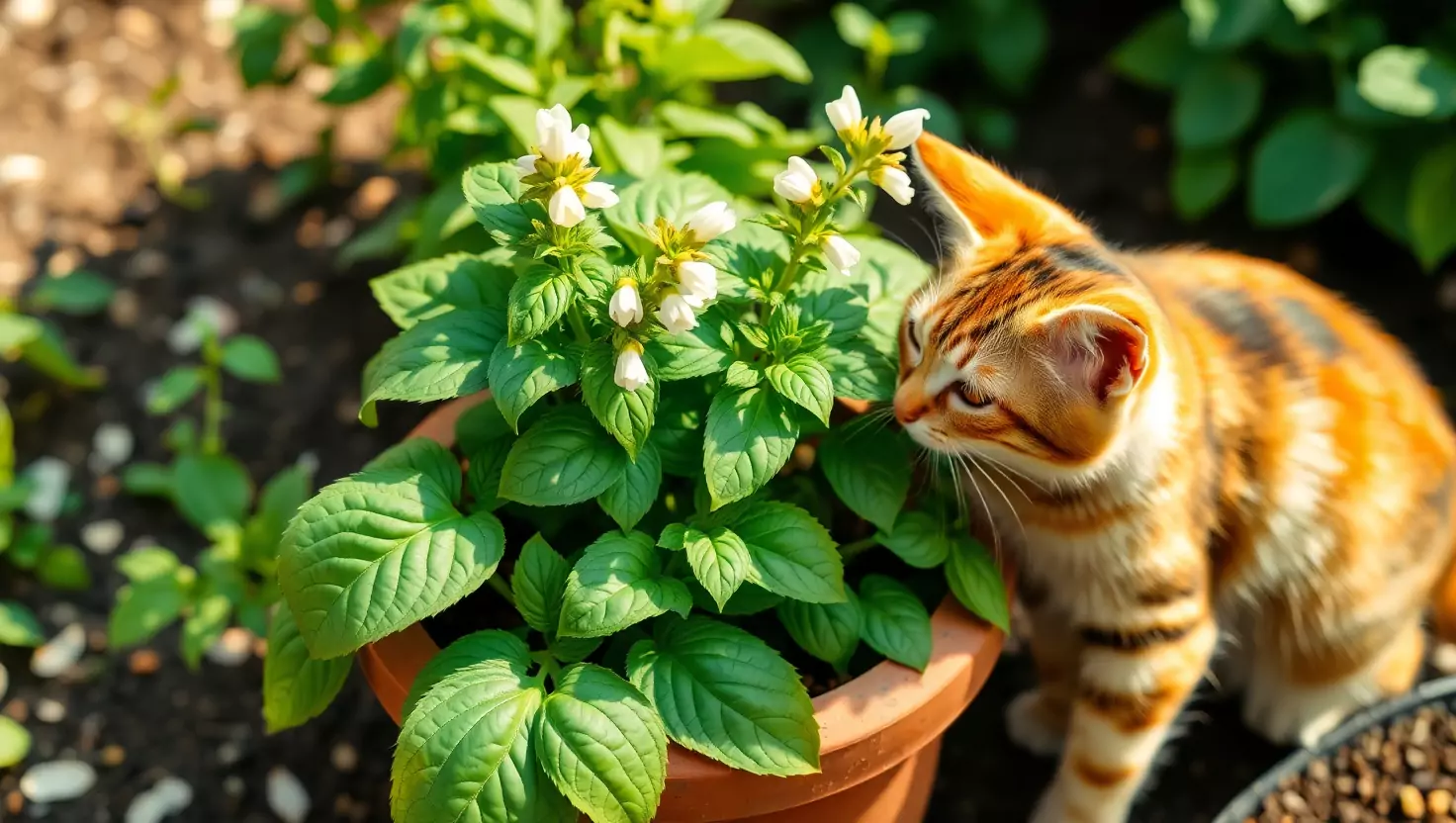 Orange tabby cat sniffing white flowers in terracotta pot outdoors.