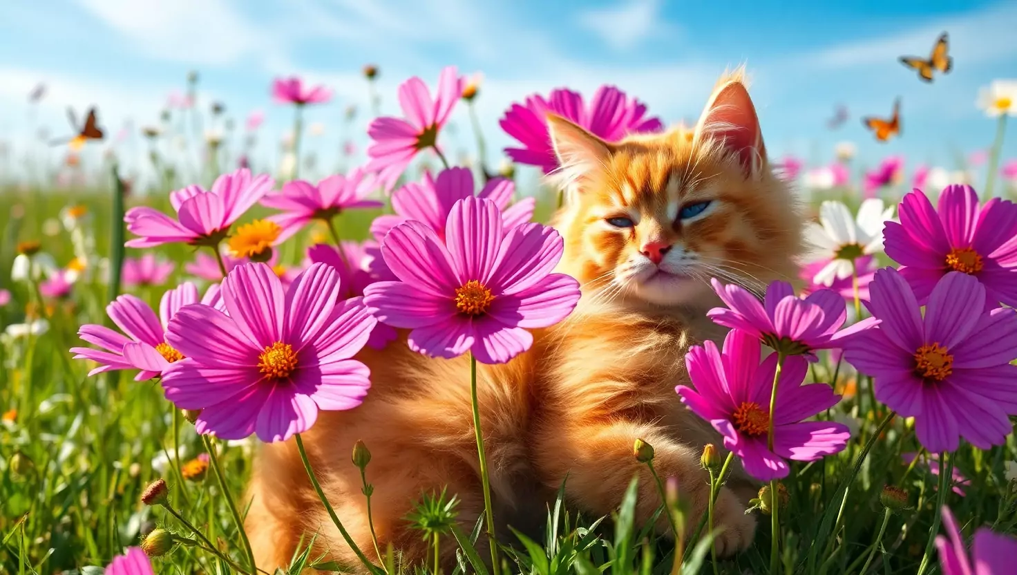 Orange kitten playing in pink cosmos flower field with butterflies.