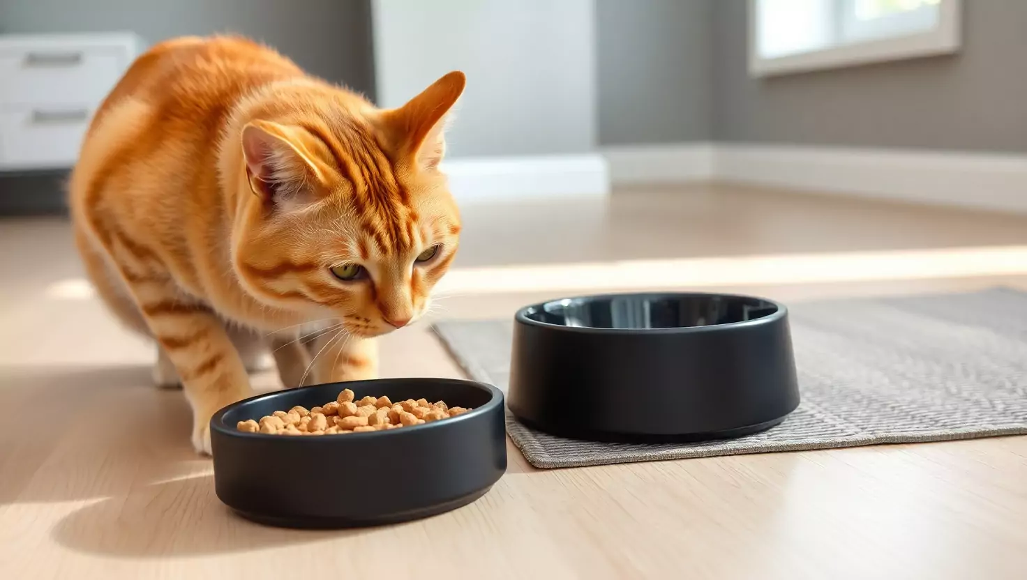 Orange tabby cat looking at a bowl of dry food, representing an adult cat feeding schedule.