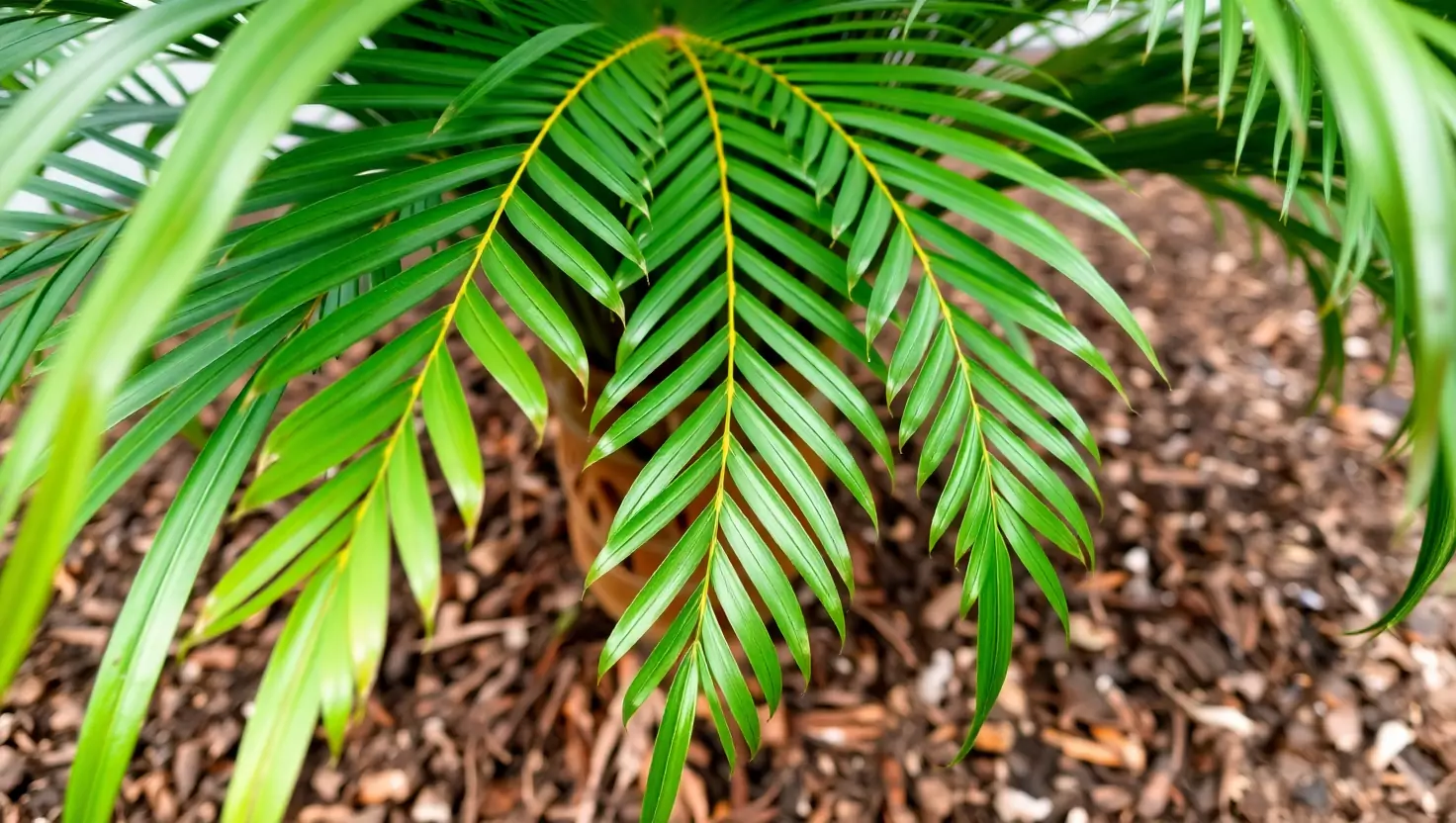 Close-up of lush green fronds of a parlor palm plant with brown mulch background.