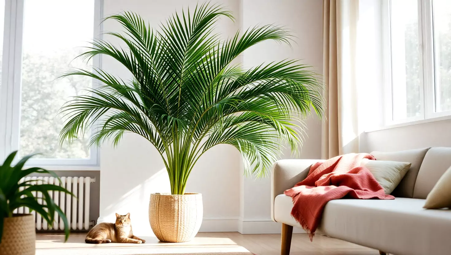Large kentia palm plant with orange cat relaxing in bright living room.