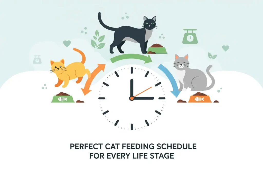 Vector illustration of different aged cats around a clock, showing a perfect cat feeding schedule for every life stage.