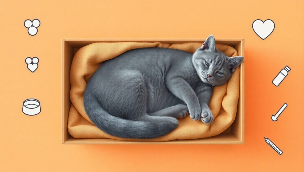 Pregnant gray cat resting in cozy nesting bed with food bowl, milk bottle and thermometer icons.
