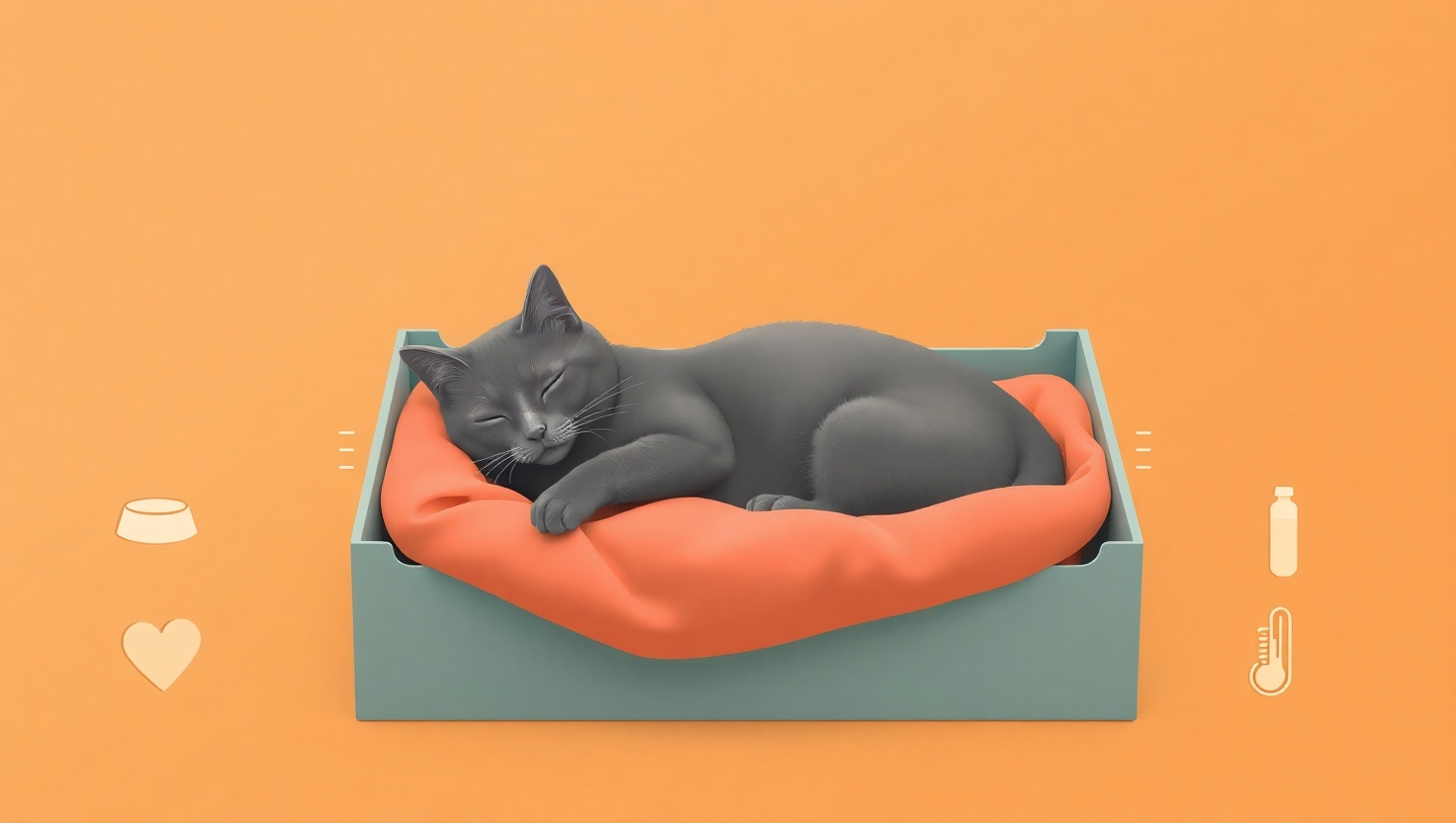 Pregnant gray cat resting in cozy nesting bed with food bowl, milk bottle and thermometer icons.