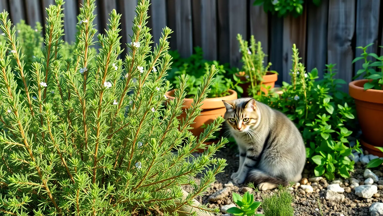 Striped cat sitting next to a fragrant rosemary bush in a sunny herb garden.