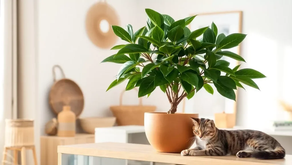 Tabby cat resting next to a potted money tree plant on a wooden table.