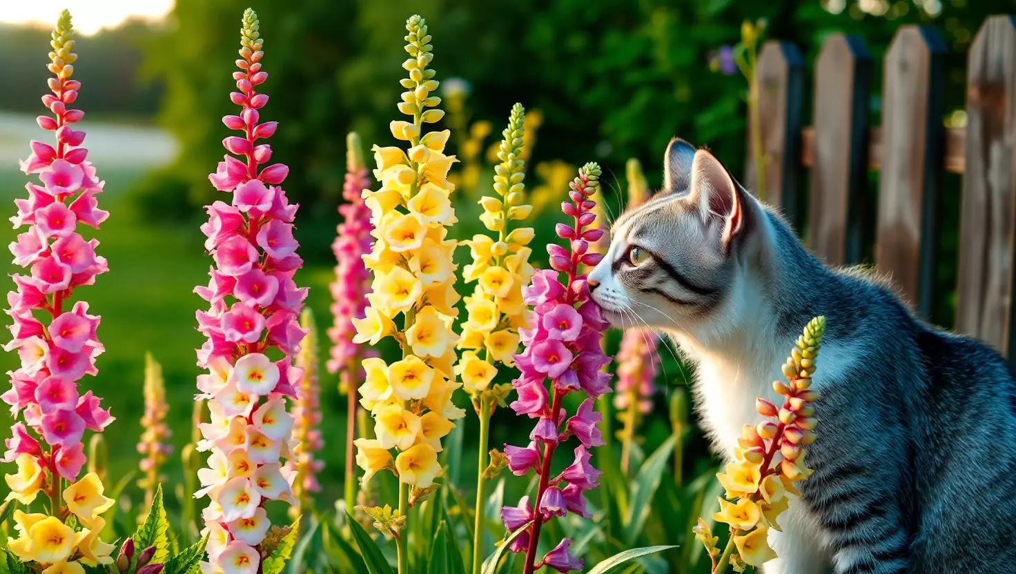 Gray tabby cat smelling vibrant pink and yellow snapdragon flowers in a garden.