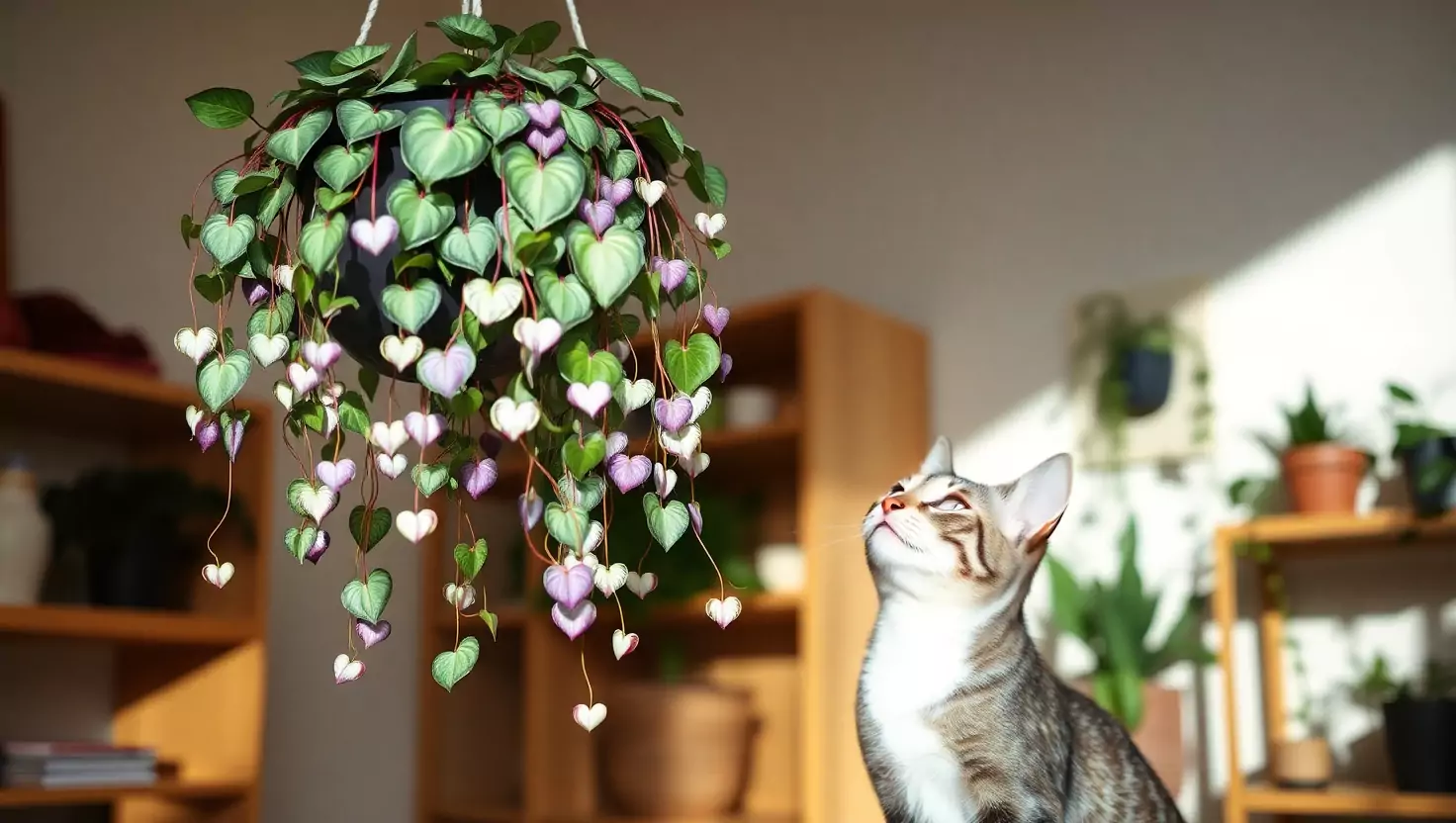 Tabby cat looking up at a hanging string of hearts plant with pink and green leaves.