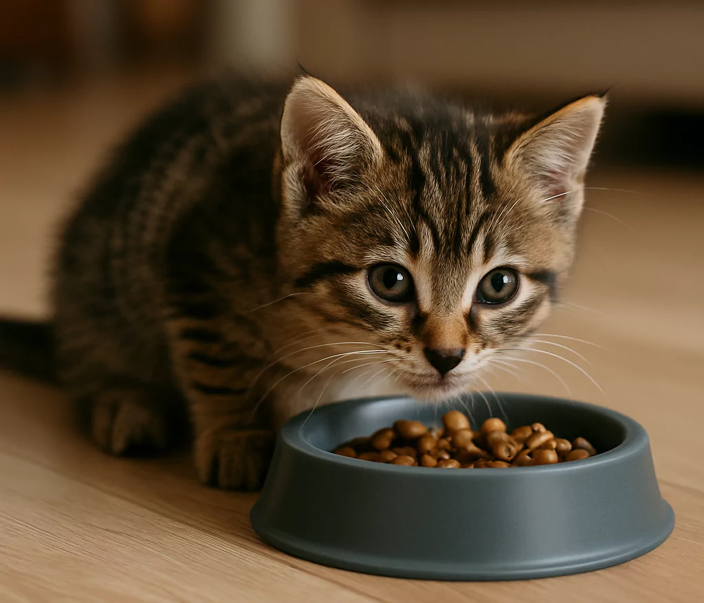 Adorable tabby kitten eating kibble from a gray bowl, illustrating a kitten feeding schedule.