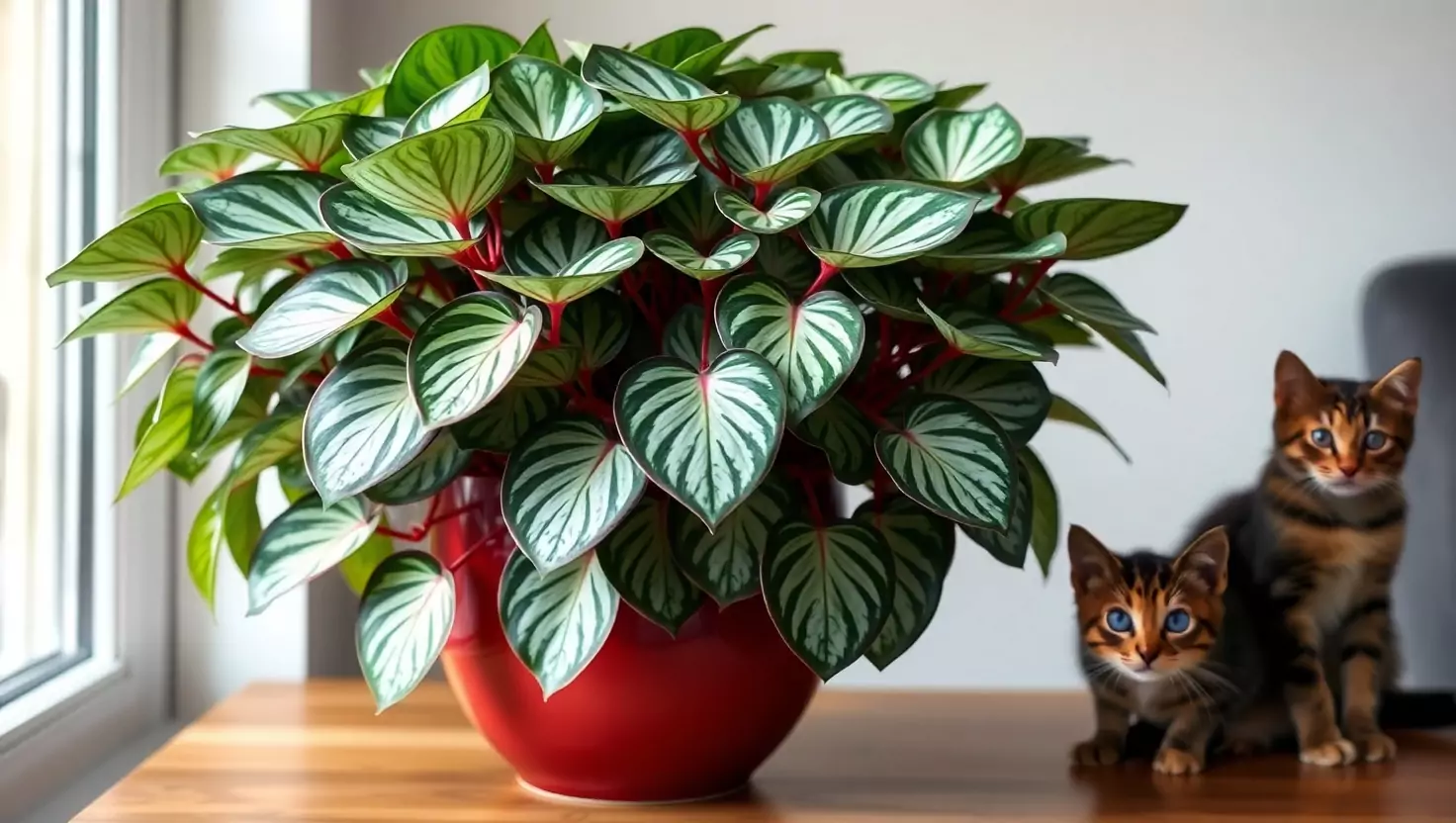 Watermelon peperomia plant in red pot with two curious kittens sitting beside it.