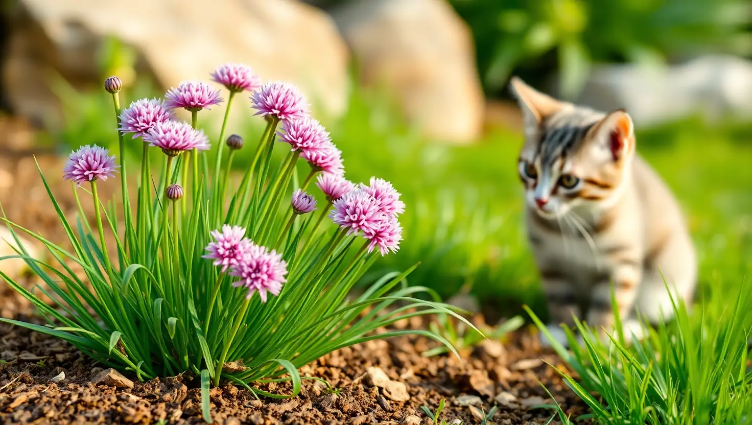 Wild chives with purple flowers in foreground, blurred cat observing in background.