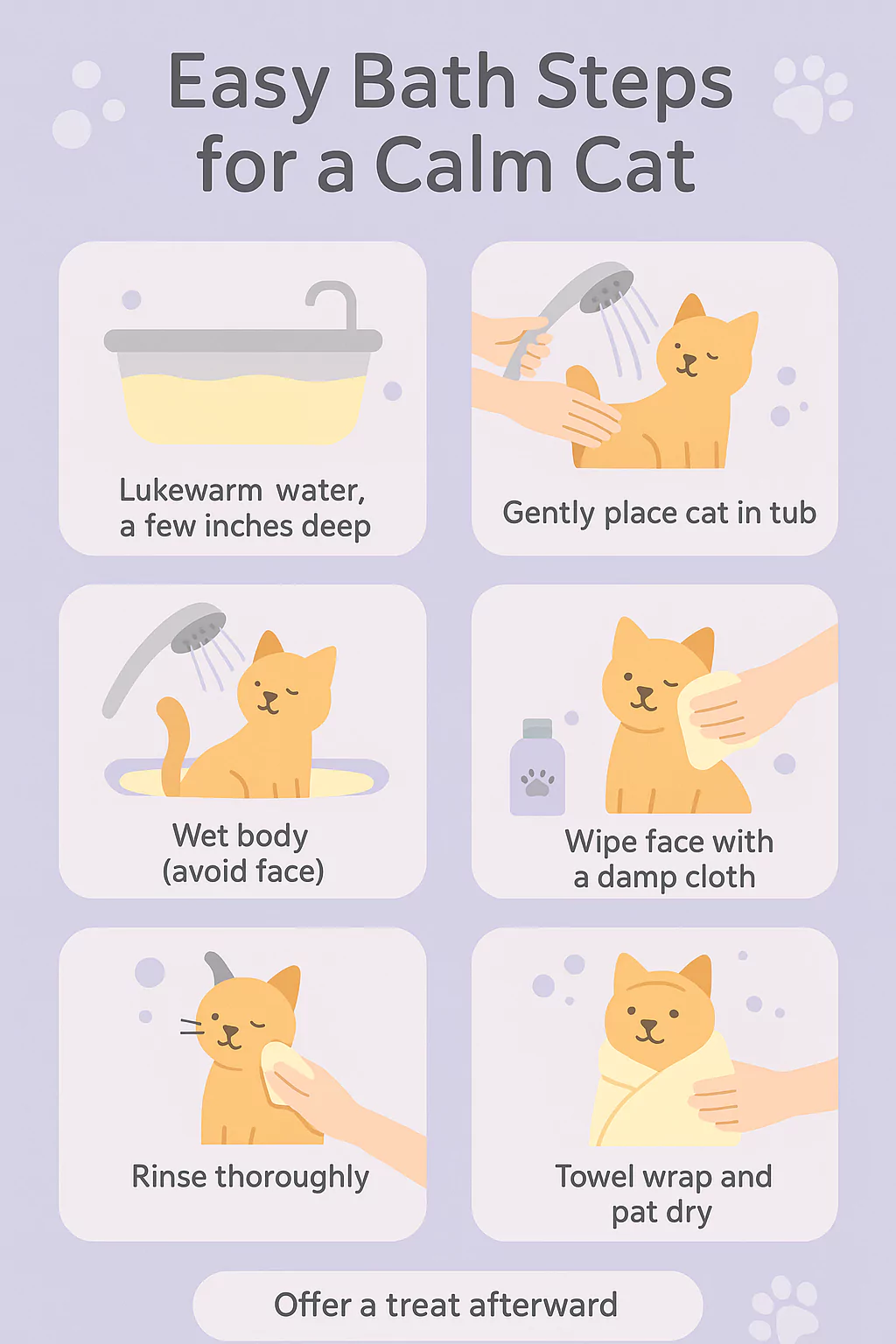Step-by-step infographic showing how to bathe a cat calmly with lukewarm water, gentle placement, and towel drying