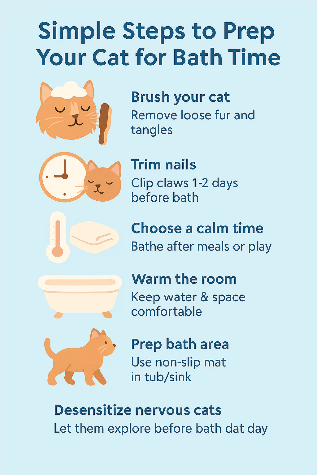 Infographic outlining simple steps to prepare a cat for bath time, including brushing, nail trimming, and warming the room