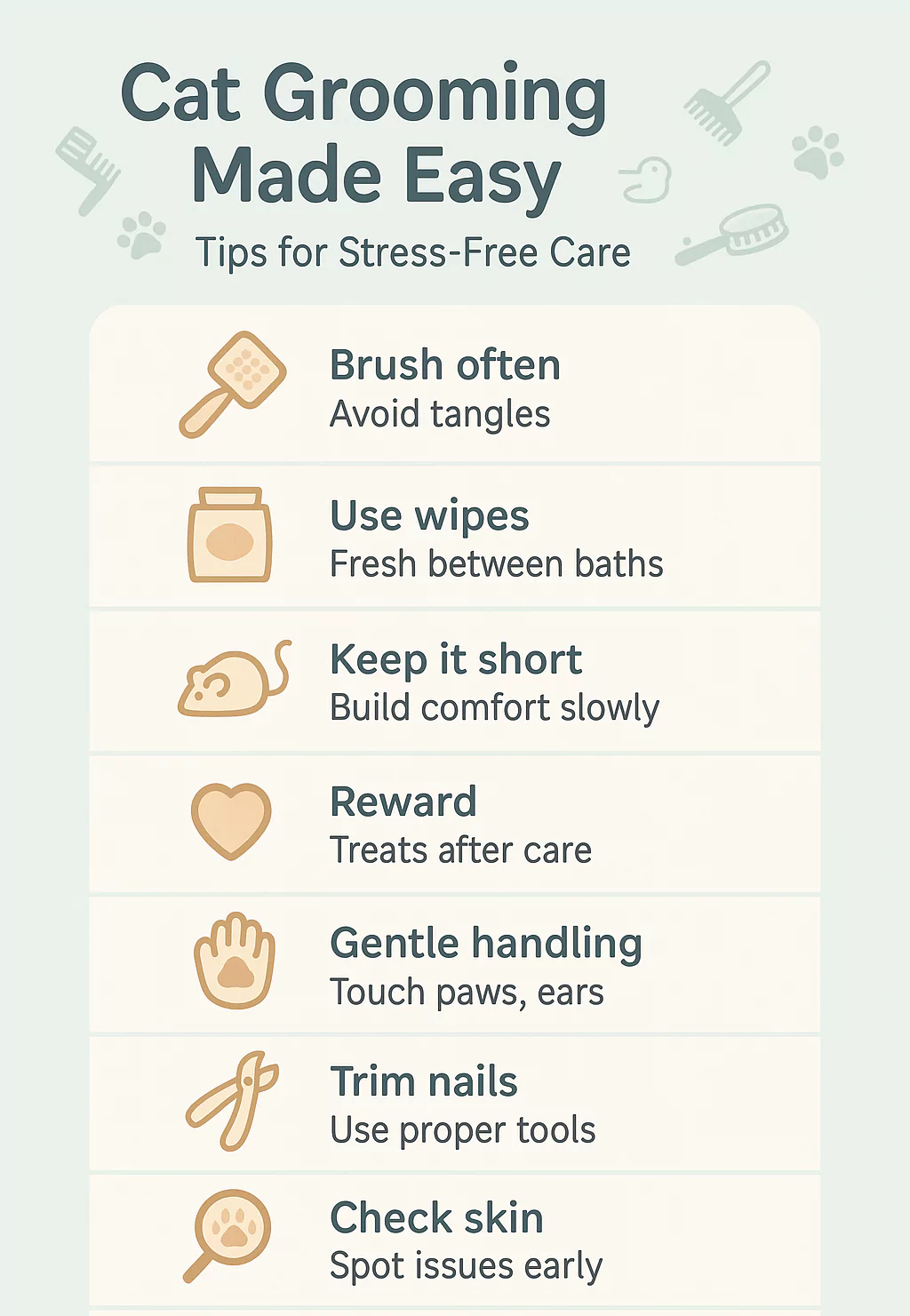 Infographic with cat grooming tips such as brushing often, using wipes, gentle handling, and checking skin
