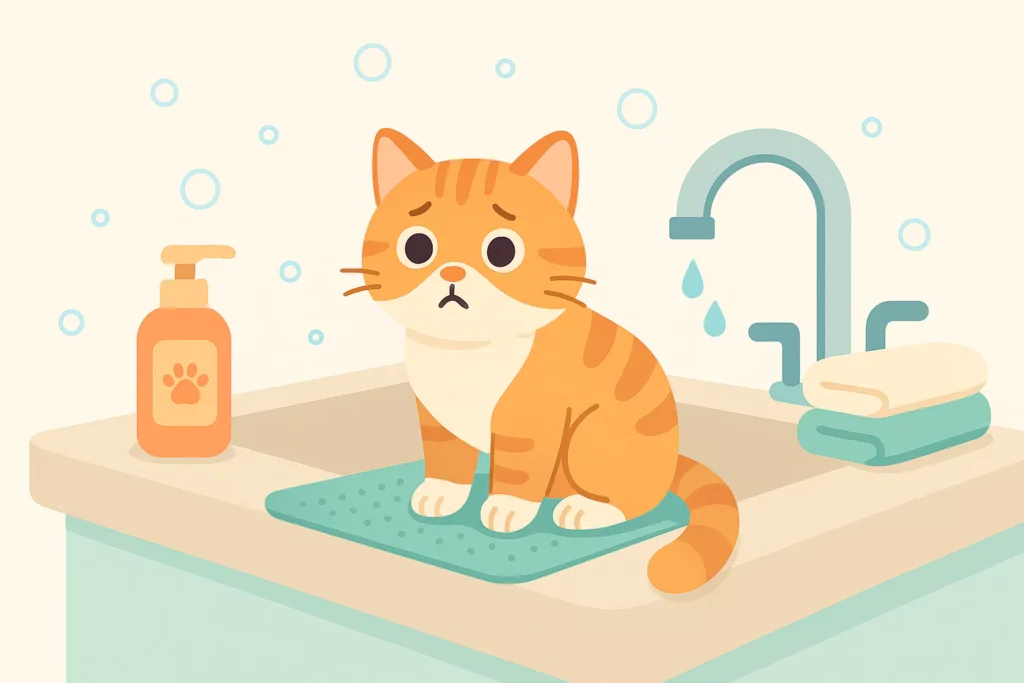 An orange cat sitting in a sink before a bath with soap dispenser and towels nearby
