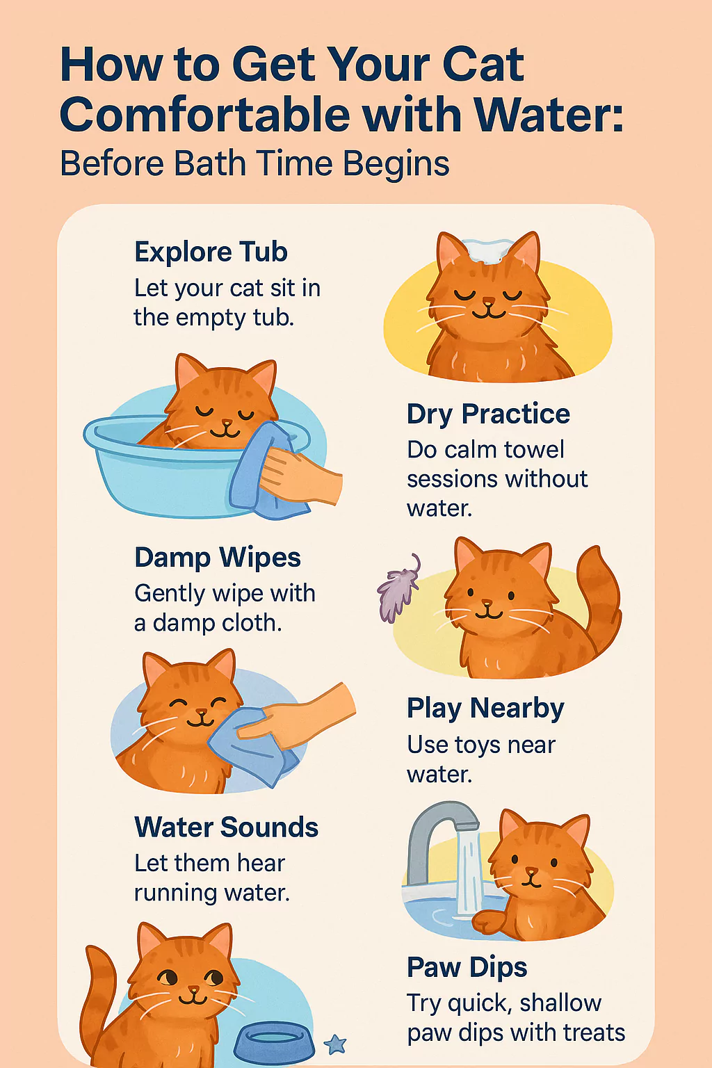 Infographic showing how to get a cat comfortable with water before bath time through play and gentle exposure